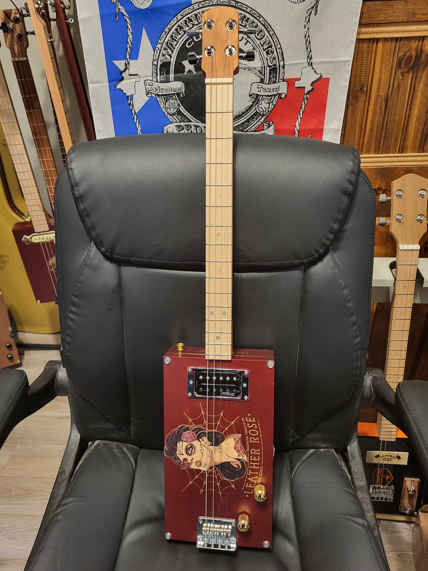 4 String Electric Cigar Box Guitar "Leather Rose"